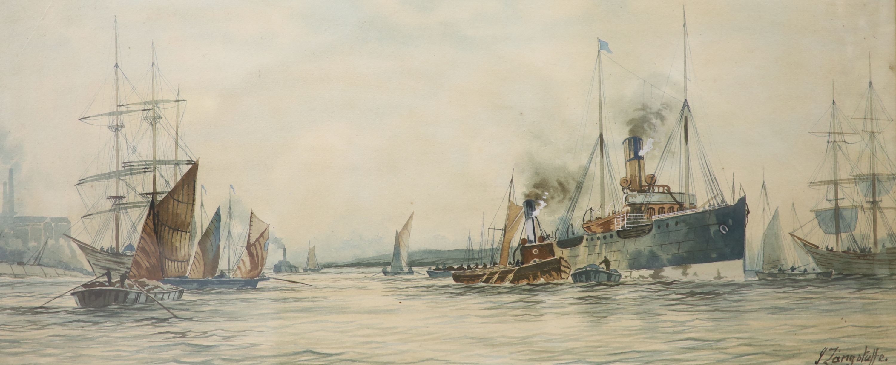 J. Longstaffe, pair of watercolours, Shipping on the Pool of London, signed, 26 x 61cm